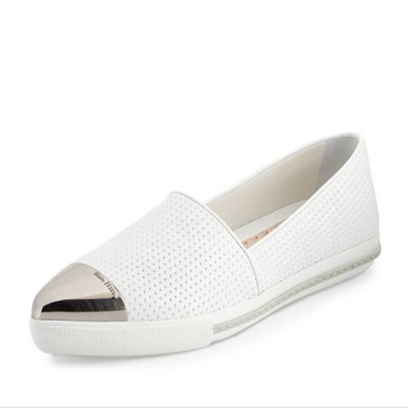 Miu Miu Embossed white metallic silver Leather Cap-Toe loafers 37 us size 6.5 7 - Picture 2 of 13
